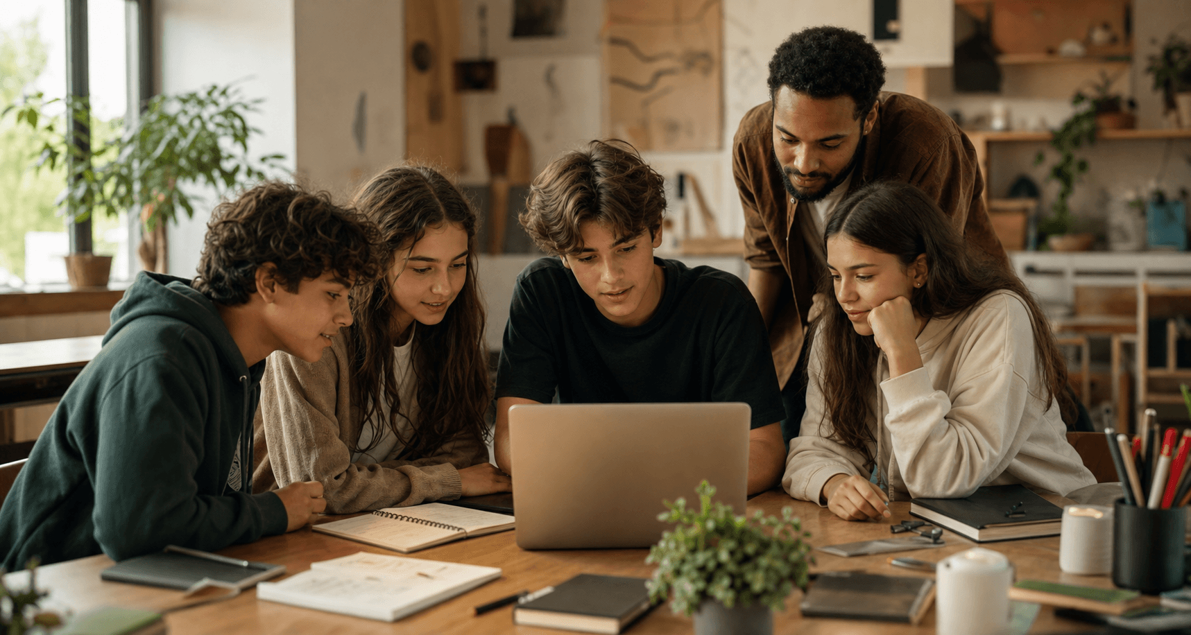 Grupo de adolescentes pesquisando em um notebook com o facilitador