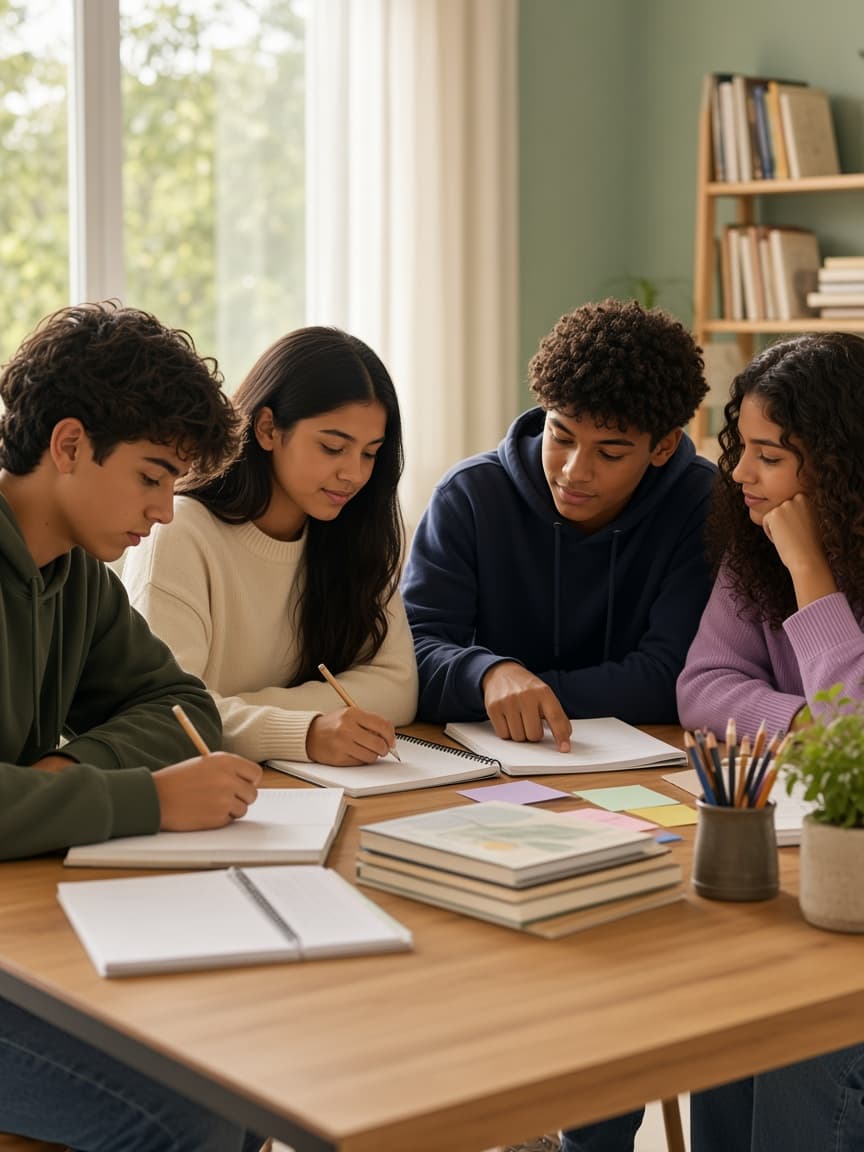 Adolescentes estudando juntos com cadernos durante um encontro