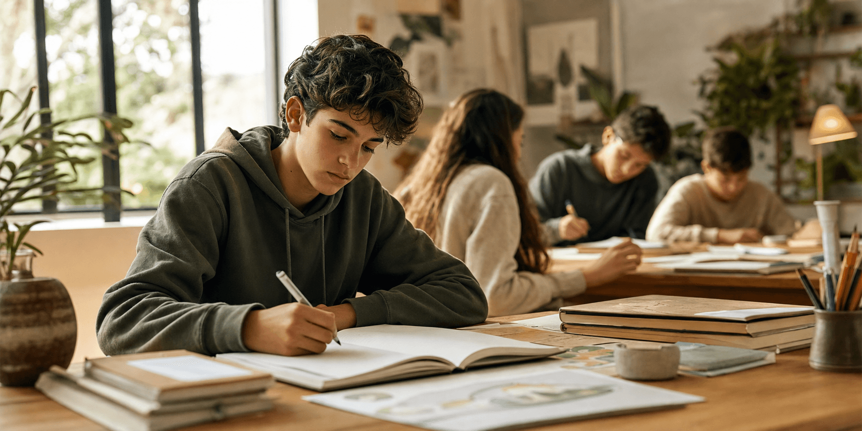 Adolescente escrevendo em um caderno durante um encontro
