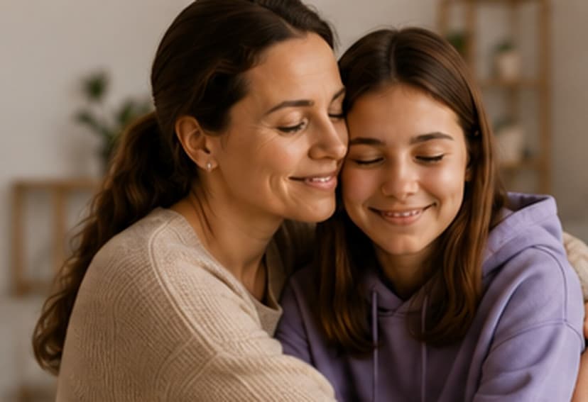 Mãe e filha abraçadas com conexão