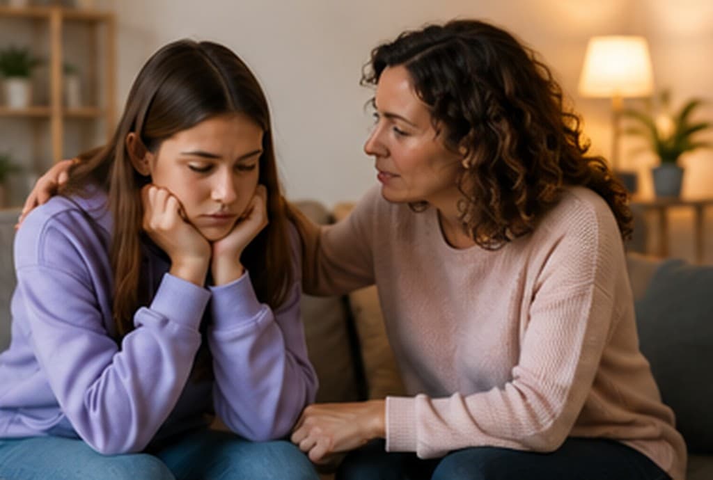 Mãe acolhendo a filha adolescente durante uma conversa