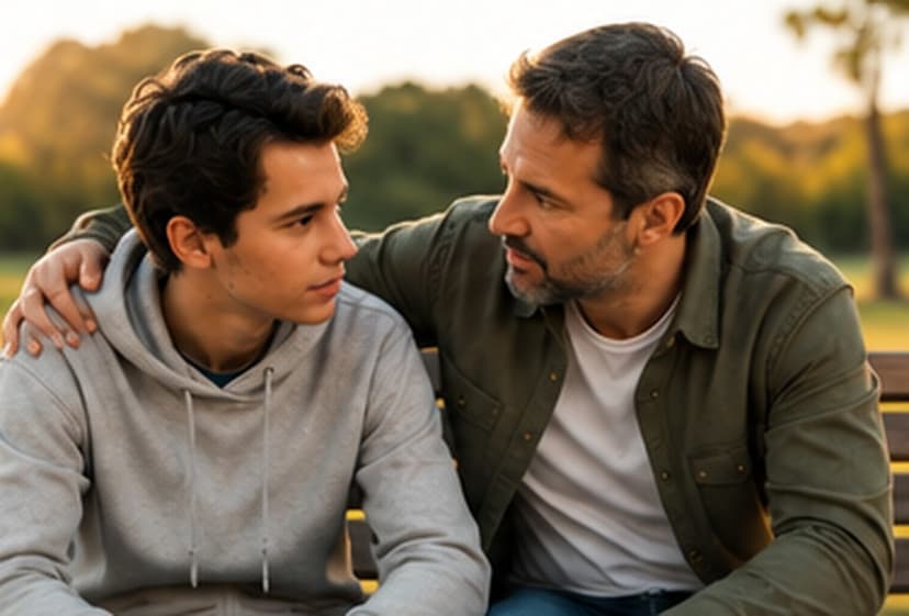 Pai conversando com filho adolescente em um banco